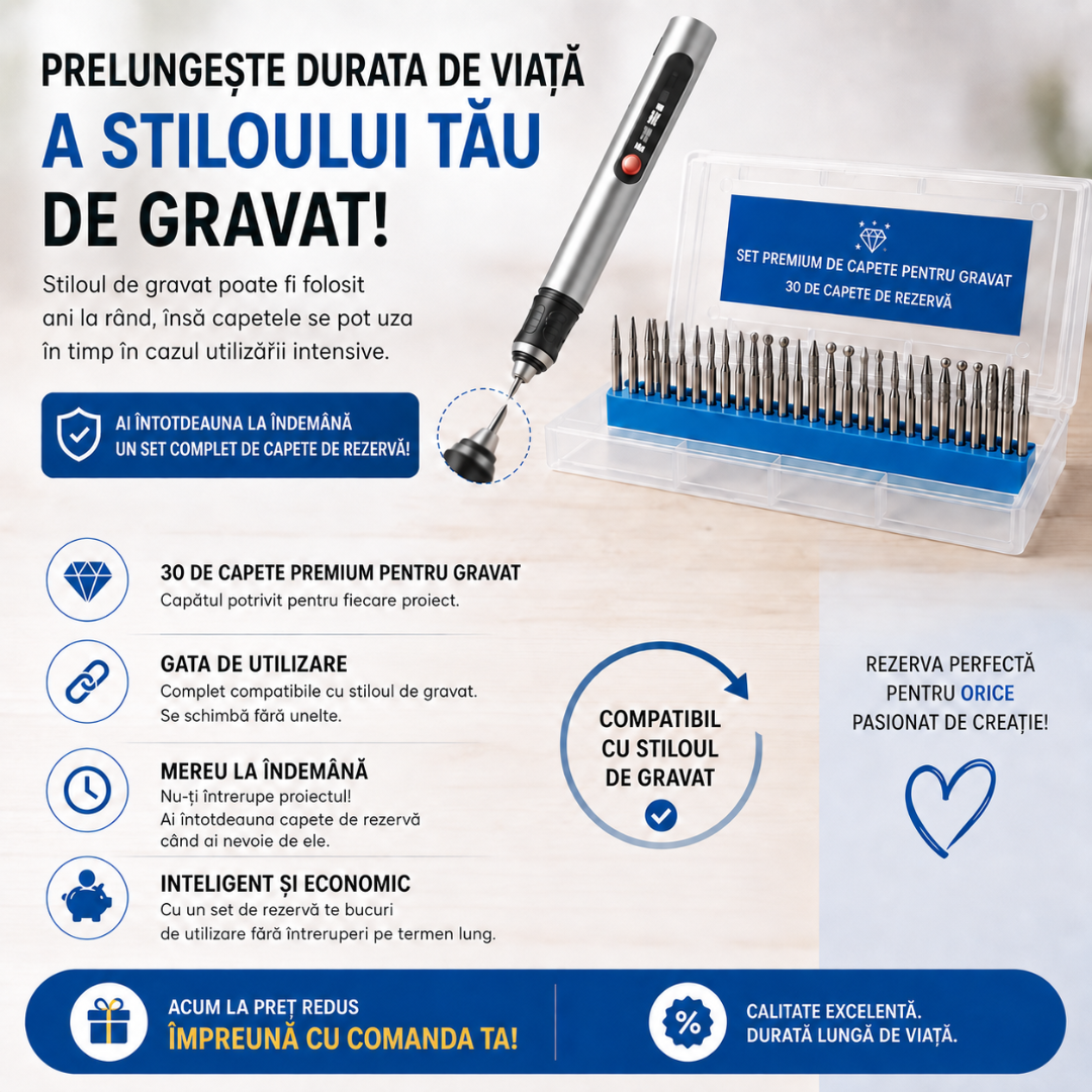 Set premium de capete suplimentare pentru gravat (30 buc.) – ca să poți crea și mai mult timp.
