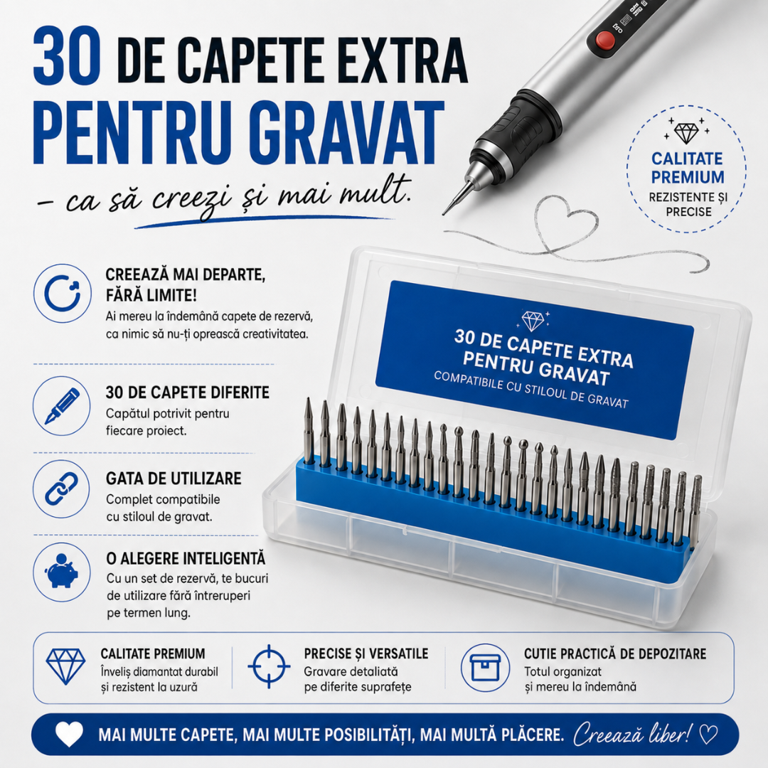 Set premium de capete suplimentare pentru gravat (30 buc.) – ca să poți crea și mai mult timp.