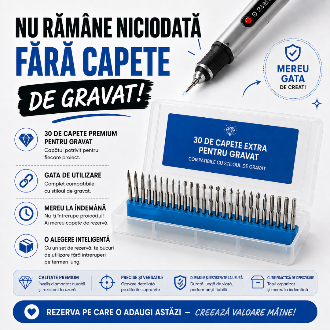 Set premium de capete suplimentare pentru gravat (30 buc.) – ca să poți crea și mai mult timp.