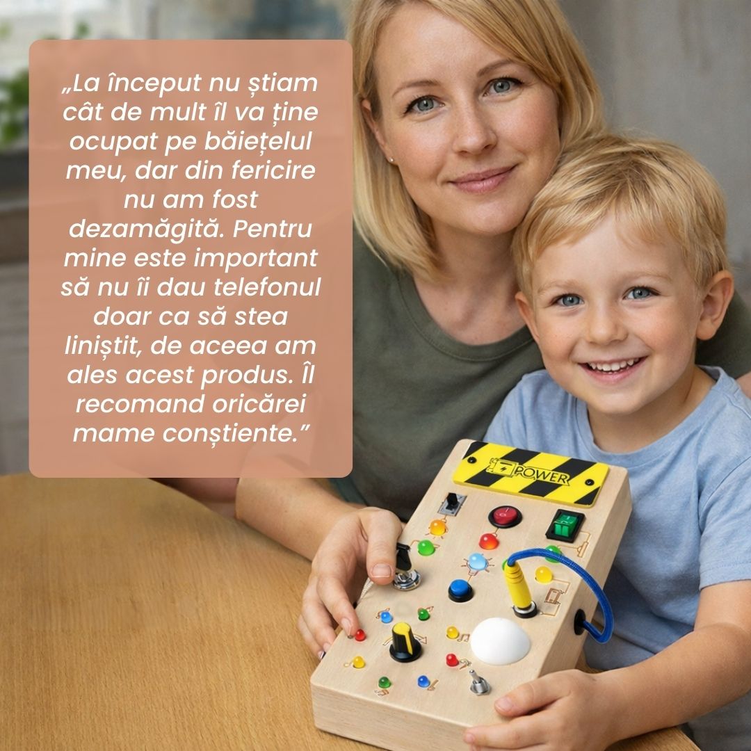 Aventura Montessori cu întrerupătoare – panoul pe care îl poți apăsa în voie, fără restricții